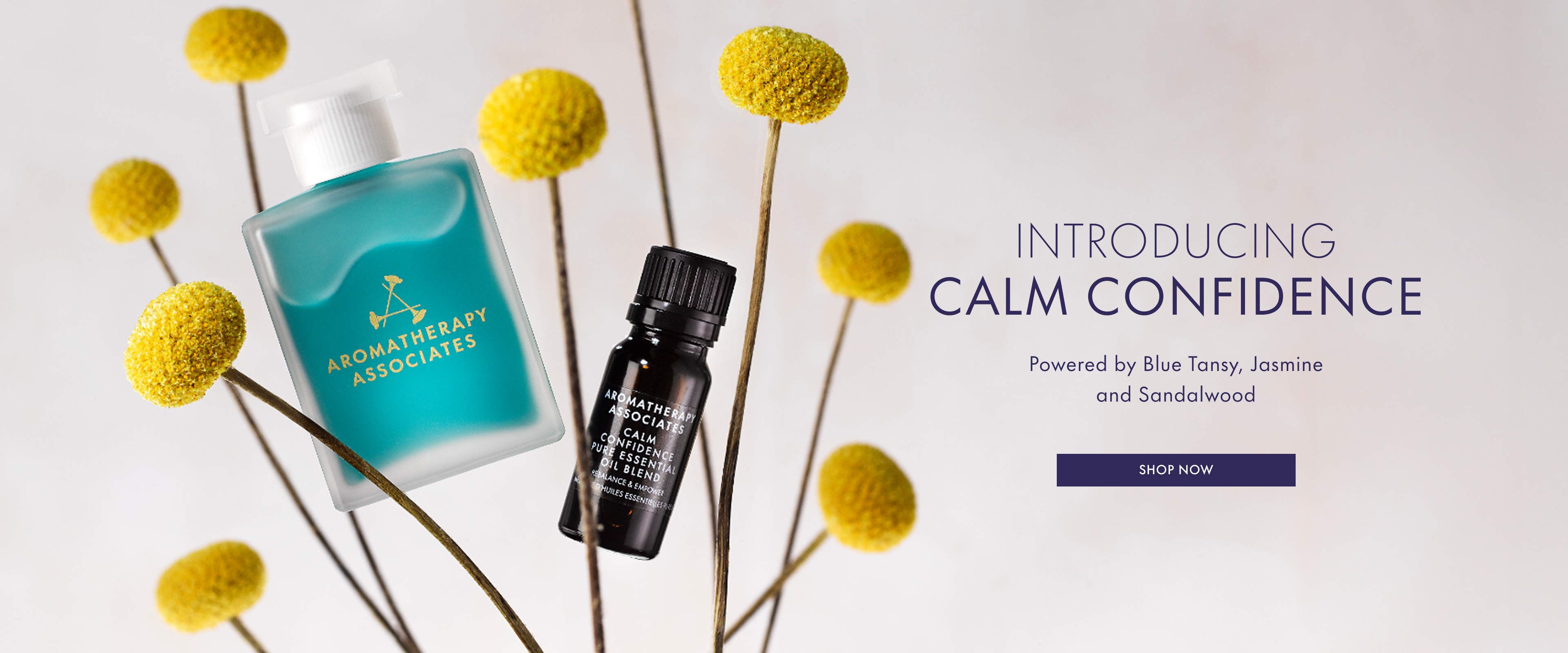Two essential oil bottles with yellow flowers on a light background, introducing 'Calm Confidence' blend.
