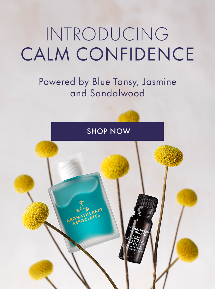 Aromatherapy Associates products with flowers on a light background, promoting 'Calm Confidence'.