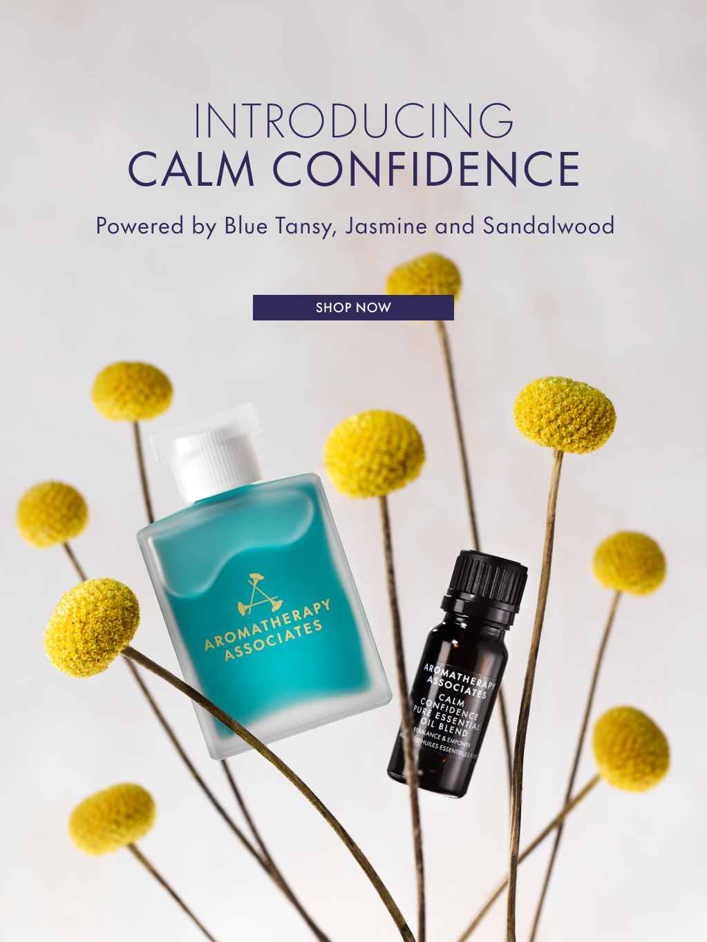 Aromatherapy Associates products with yellow flowers on a light background