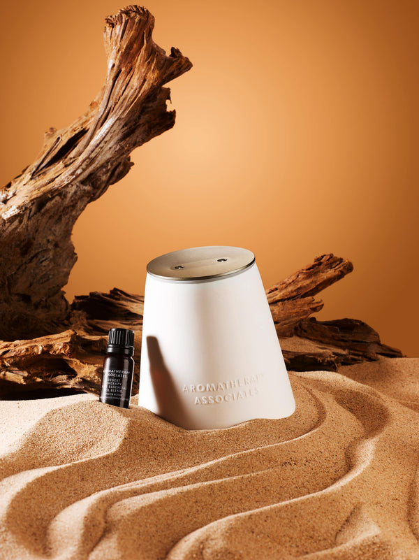 Atomiser Connect and black bottle on sand with driftwood against a brown background