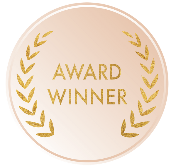 Round badge with 'Award Winner' text and gold laurel wreath on a beige background