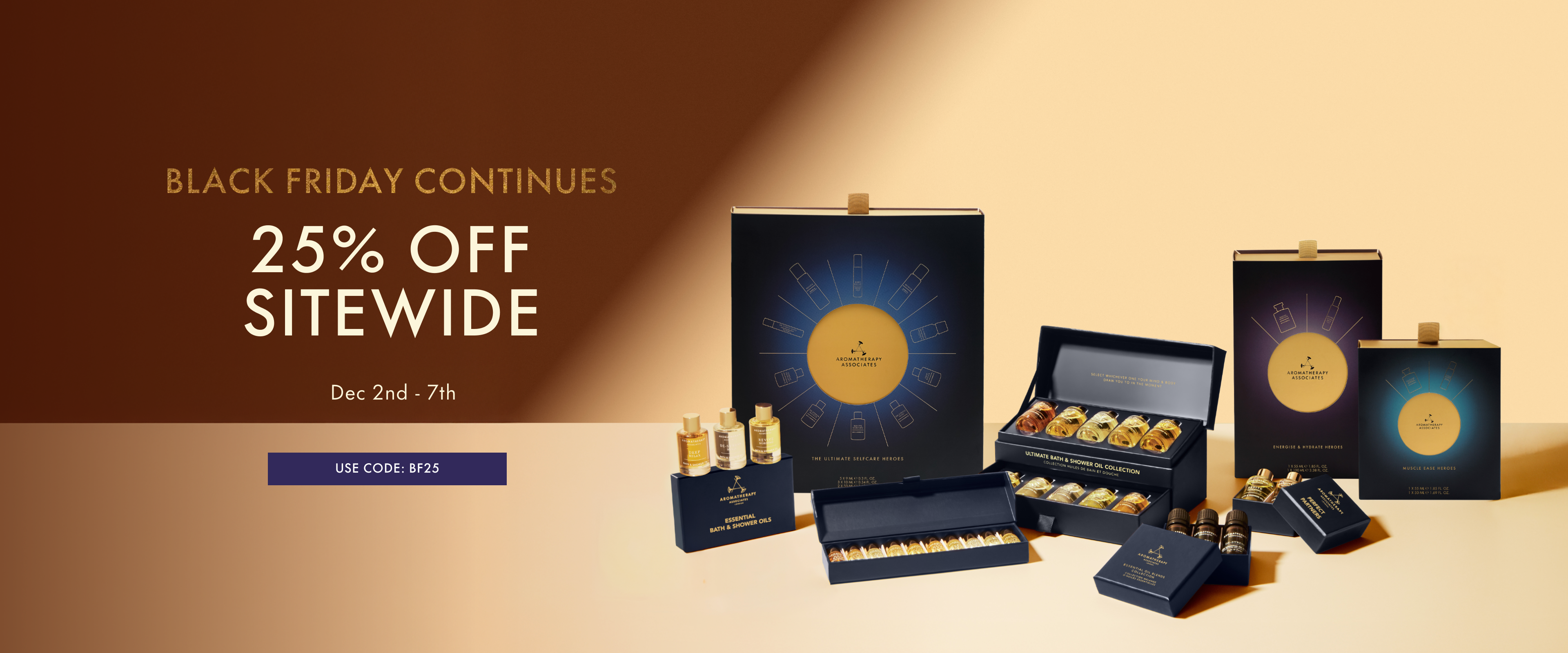 Luxury product display with 'Black Friday Continues' and '25% Off Sitewide' text on a brown background.