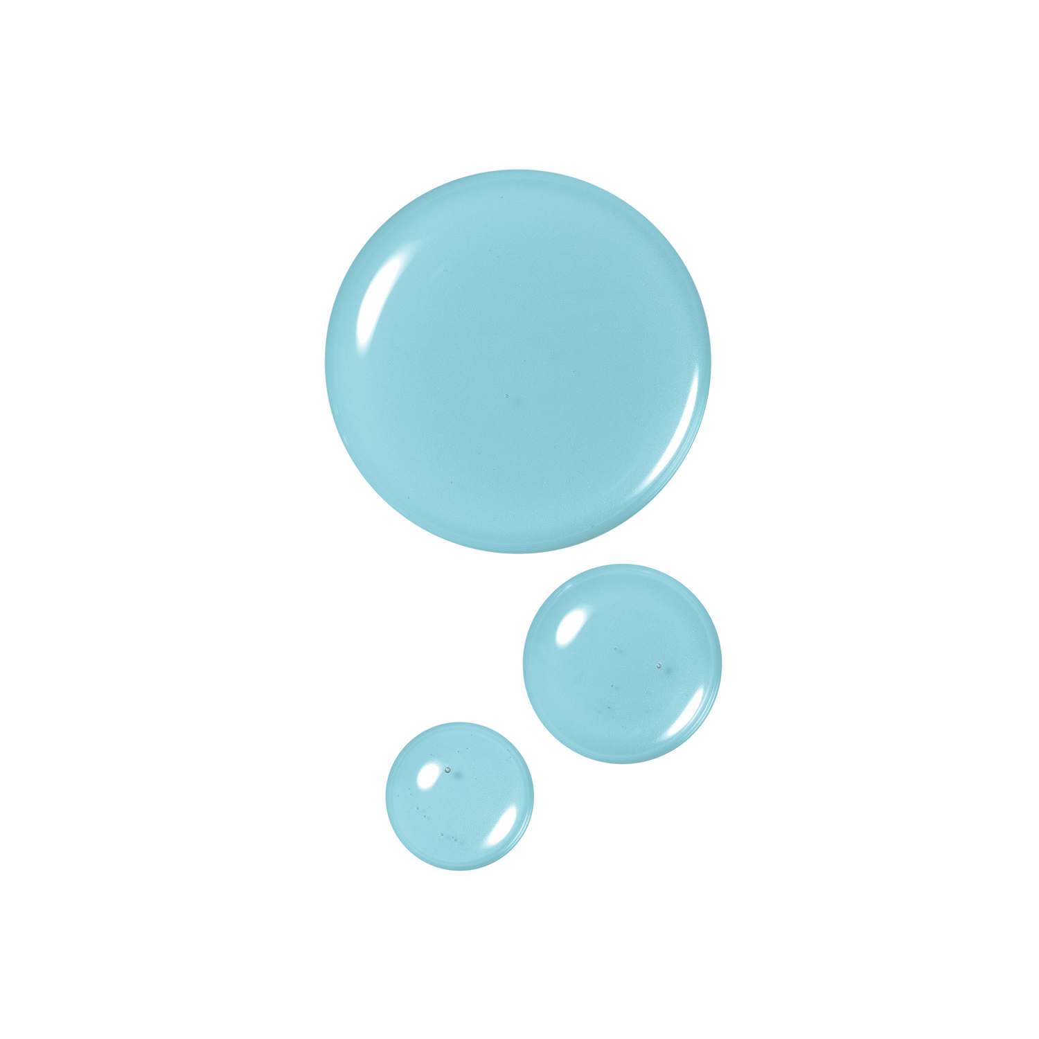 Three light blue glass marbles of different sizes on a white background