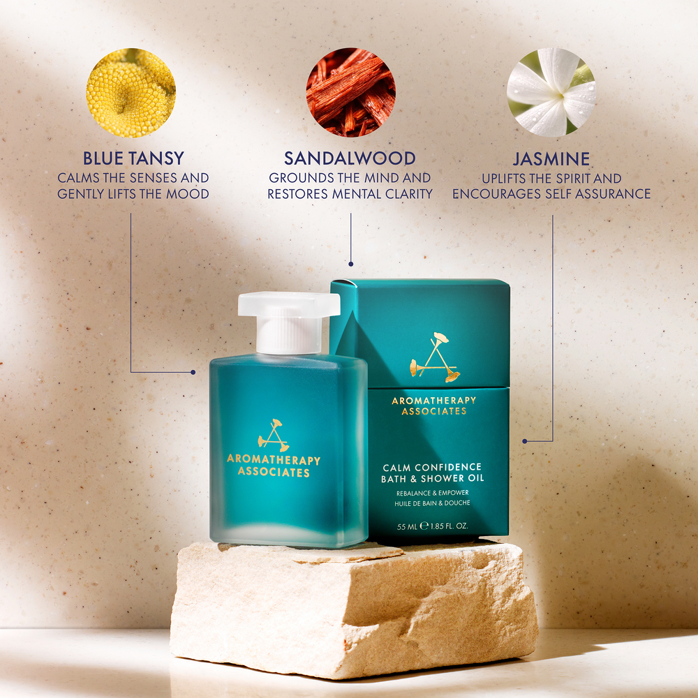 Aromatherapy Associates products with essential oil names and descriptions on a neutral background