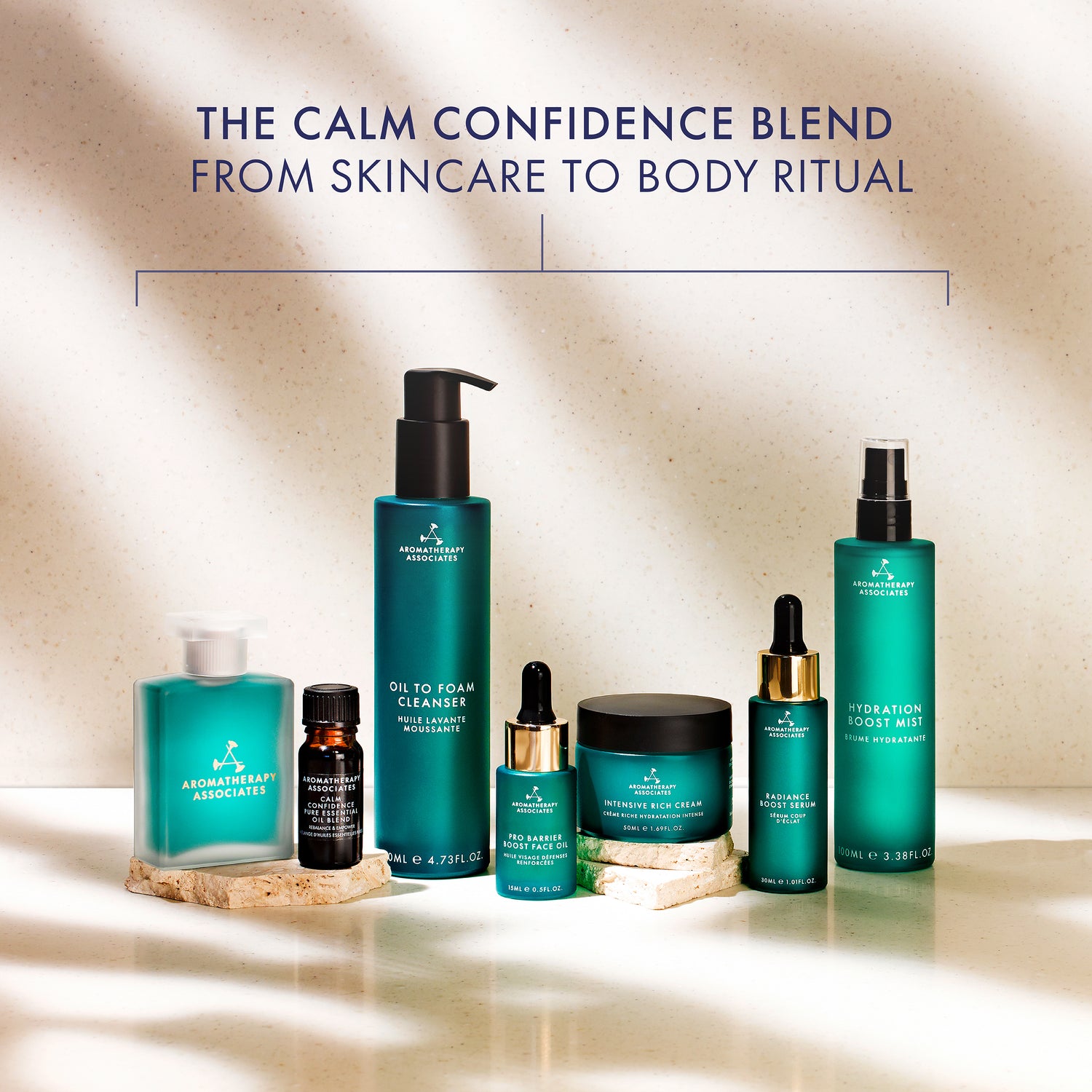 Collection of skincare and body care products with a neutral background