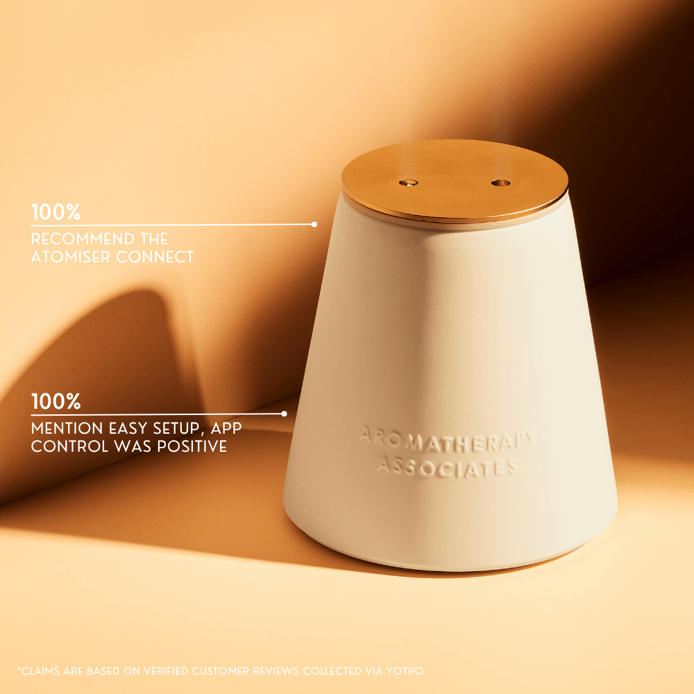 A matte off-white cone-shaped aromatherapy diffuser with a round metallic gold top, shown on a warm beige background with promotional text overlays.