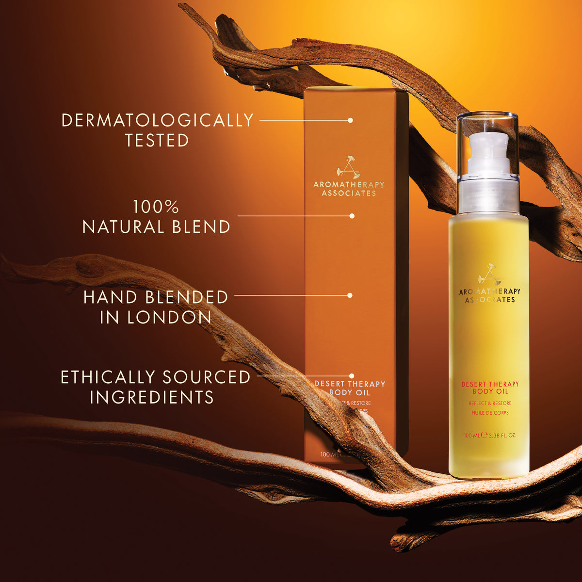 Aromatherapy Associates desert therapy body oil with packaging on an orange background