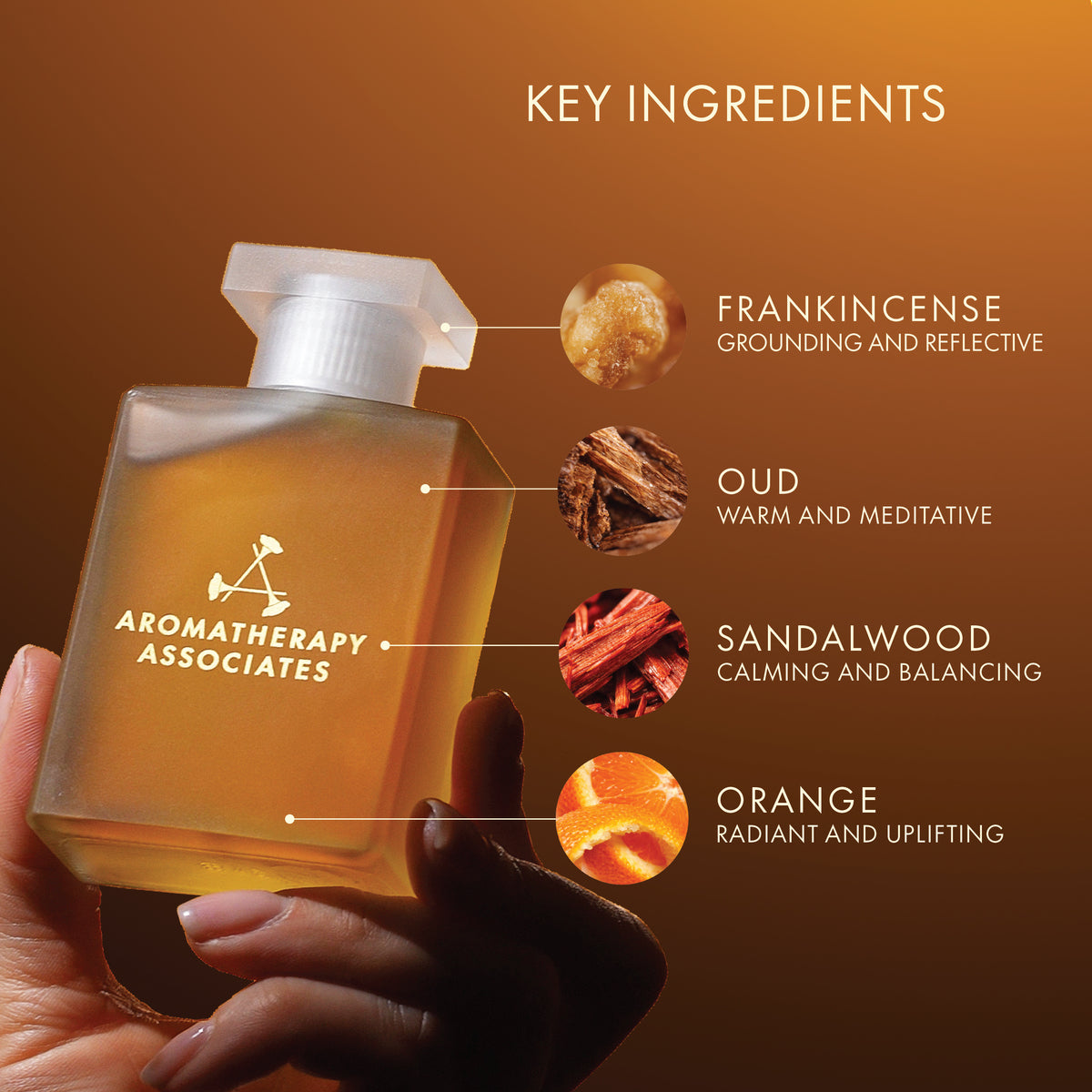 Aromatherapy Associates bottle with key ingredients labeled on a brown background