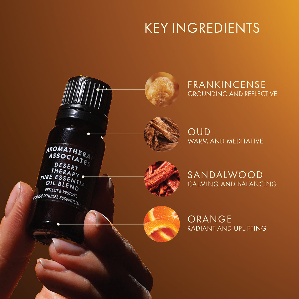 Aromatherapy Associates desert therapy essential oil blend with key ingredients labeled on a brown background