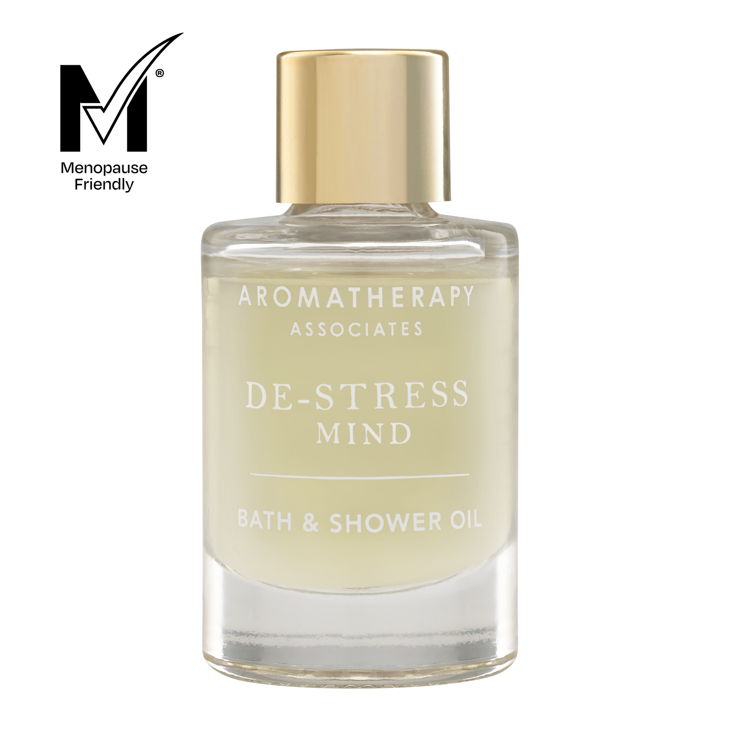 Bottle of Aromatherapy Associates De-Stress Mind Bath & Shower Oil on a white background
