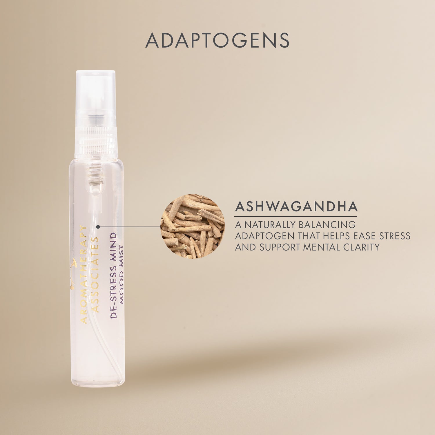 Product bottle with Ashwagandha roots and text about adaptogens on a beige background