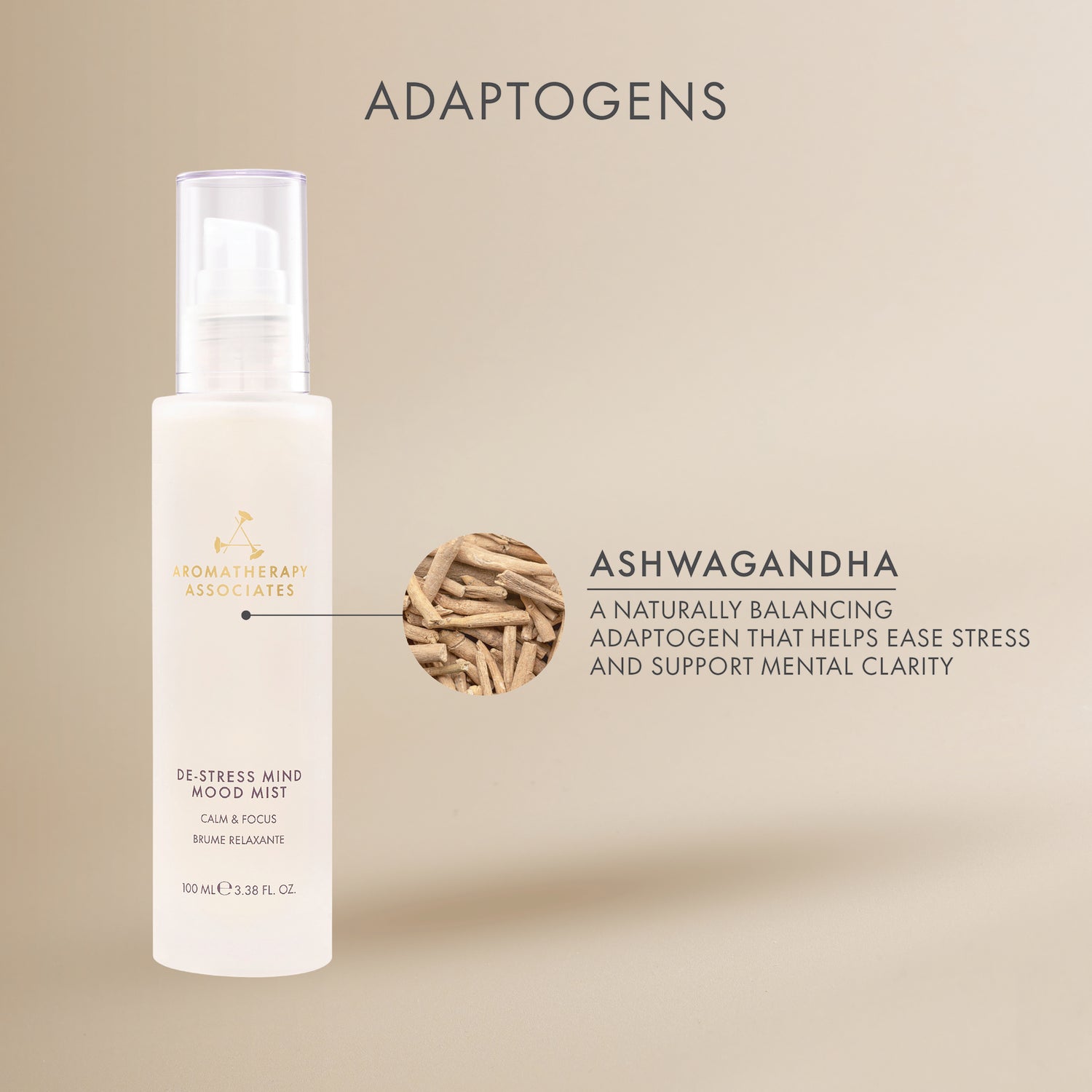 Bottle of Aromatherapy Associates De-Stress Mind Mood Mist with Ashwagandha root on a beige background