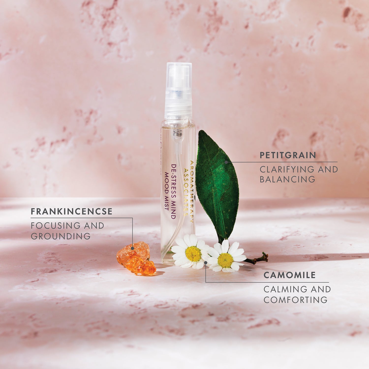 Spray bottle with leaves and flowers on a pink marble background