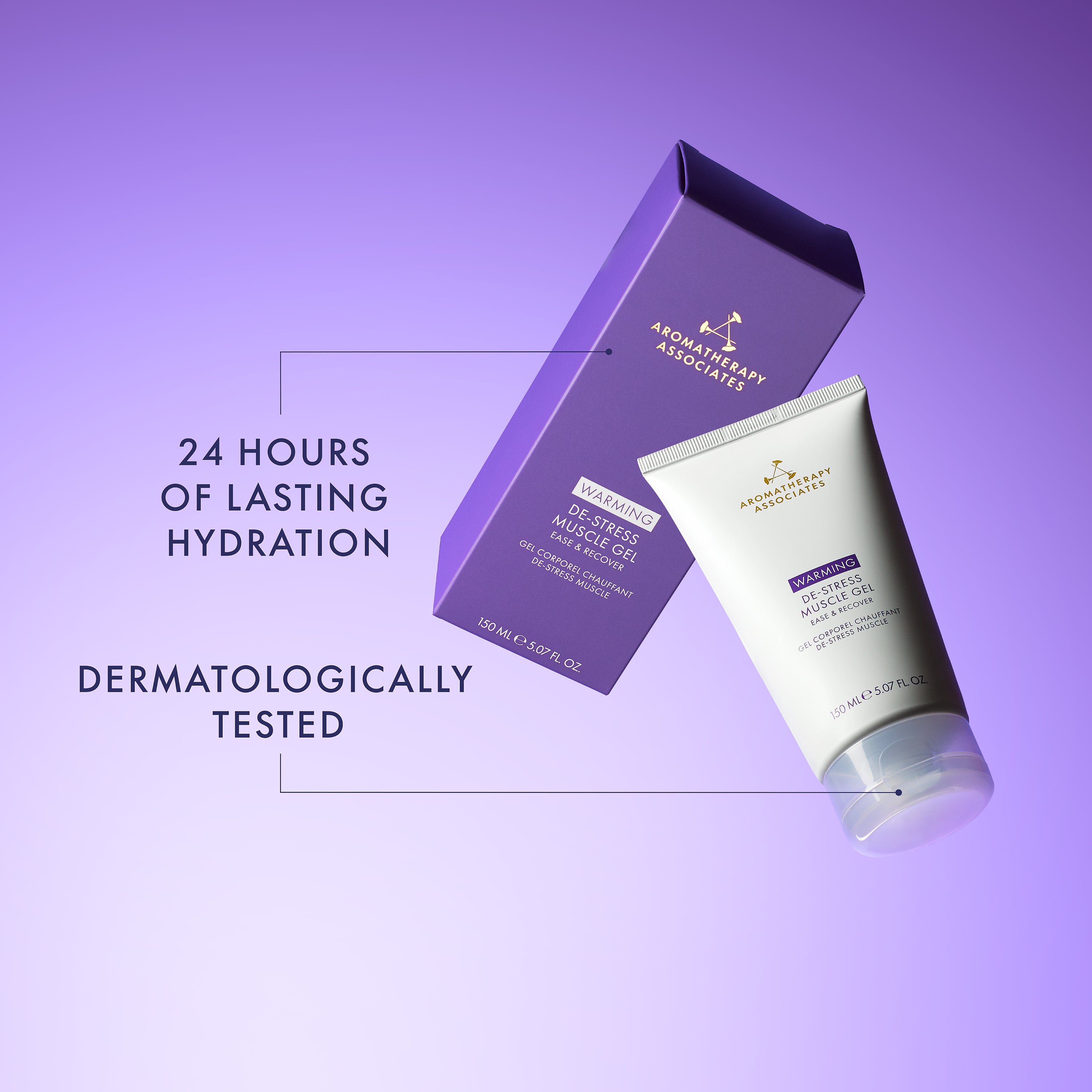 Tube of Aromatherapy Associates Warming De-Stress Muscle Gel on a purple background