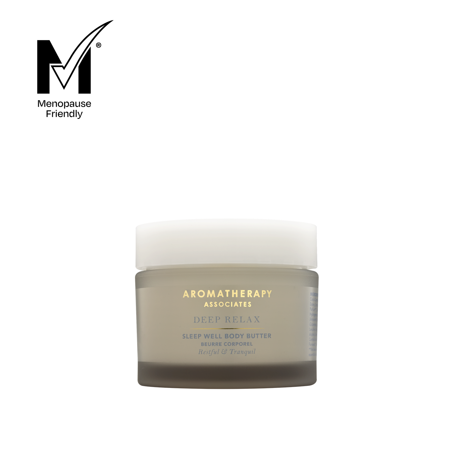 Aromatherapy Associates body butter jar on a white background with Menopause Friendly logo.