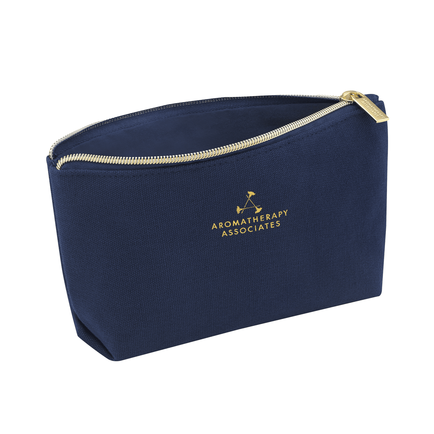 Navy blue pouch with gold zipper and 'Aromatherapy Associates' logo on a transparent background