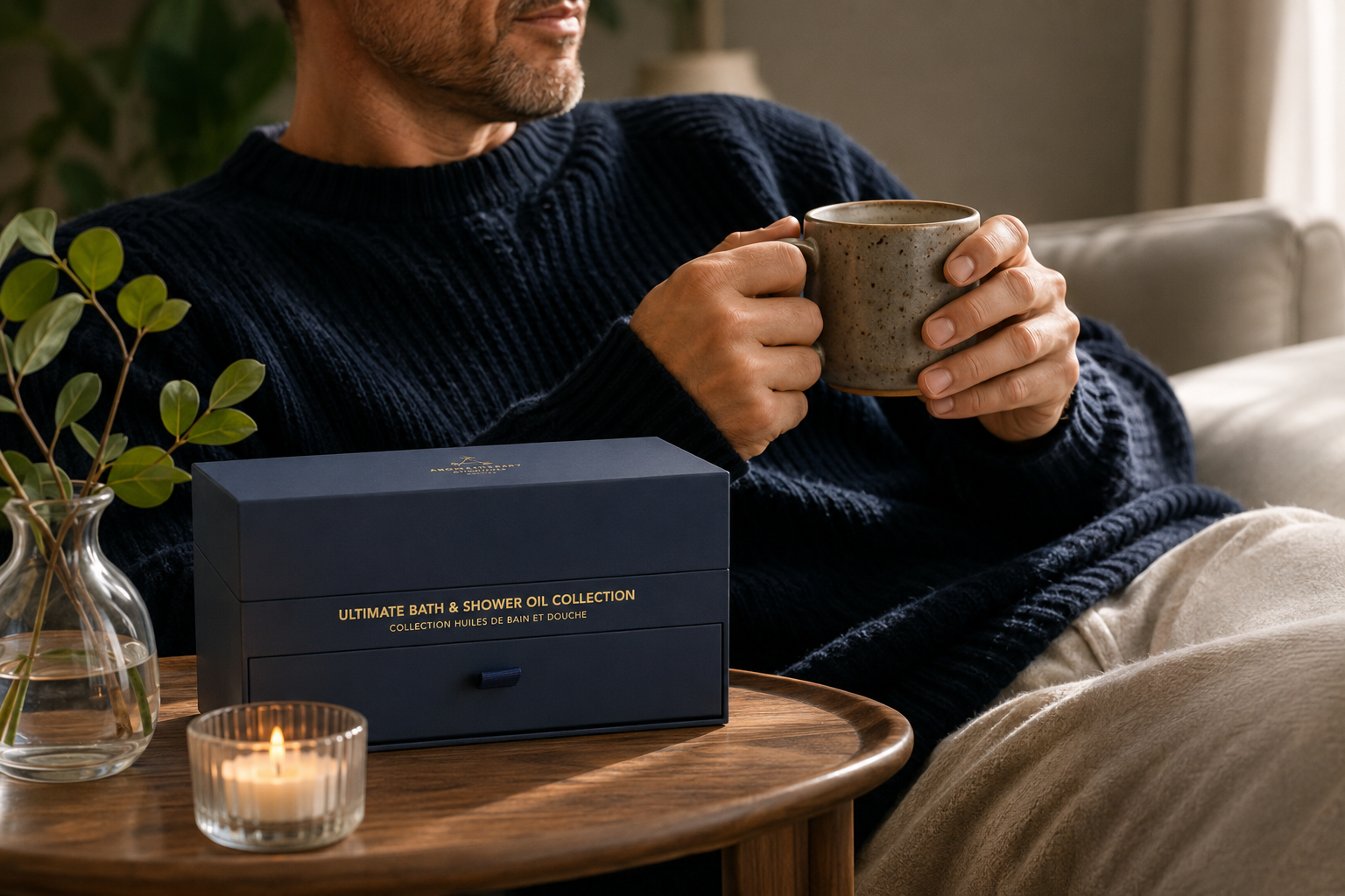 Man holding a mug with a box labeled 'Ultimate Bath & Shower Oil Collection' on a table.
