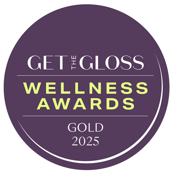 Badge for Get the Gloss Wellness Awards Gold 2025 on a purple background