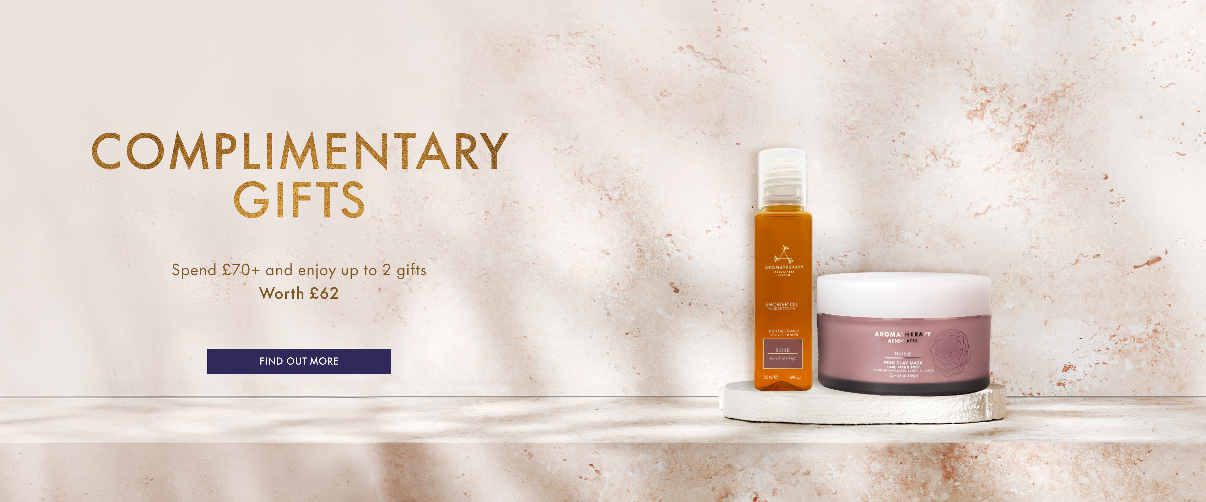 Cosmetic products on a shelf with 'Complimentary Gifts' text and offer details.