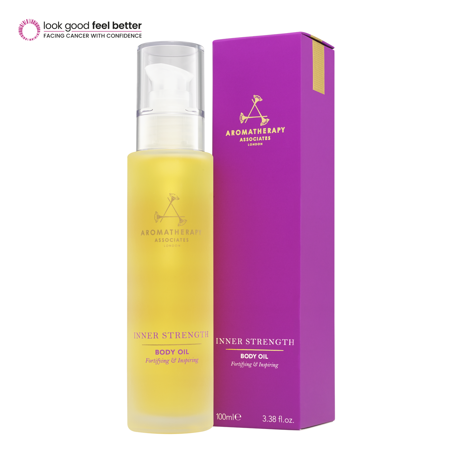 Aromatherapy Associates Inner Strength body oil with packaging on a white background