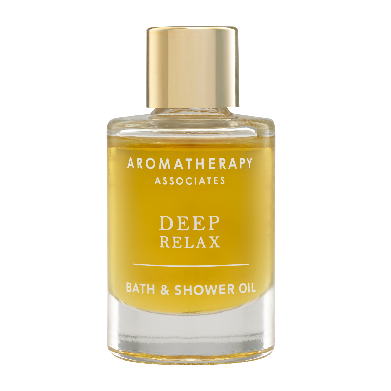 A clear bottle with a gold cap labeled 'Deep Relax Bath & Shower Oil' from Aromatherapy Associates.