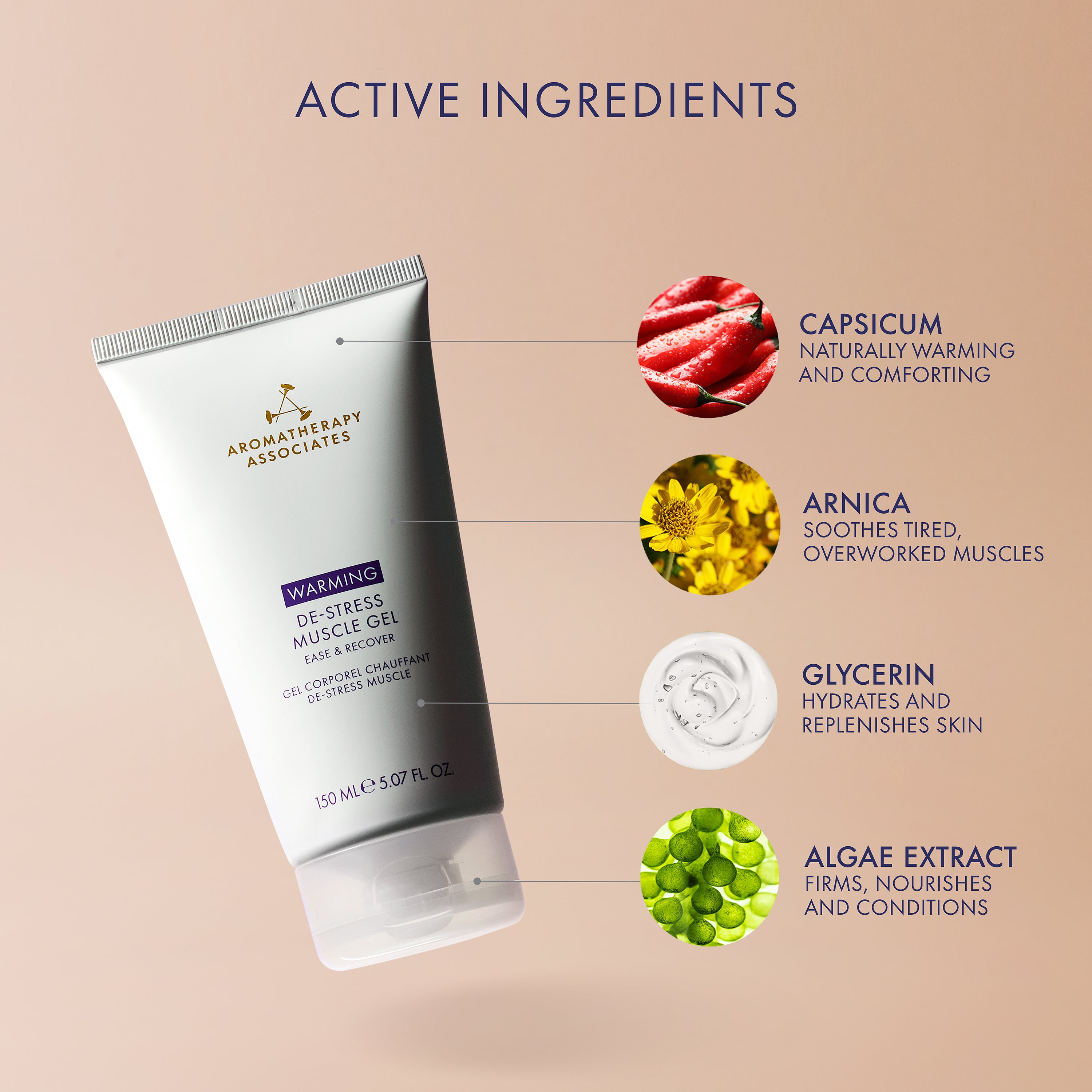 Aromatherapy Associates Warming de-stress muscle gel with active ingredients on a beige background