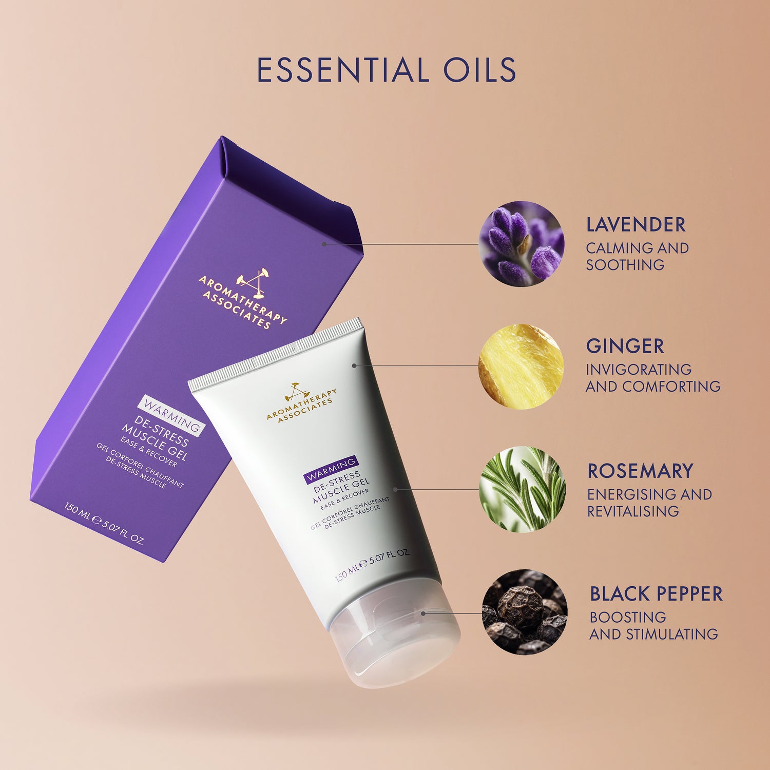 Aromatherapy Associates Warming De-Stress Muscle Gel with essential oils on a beige background