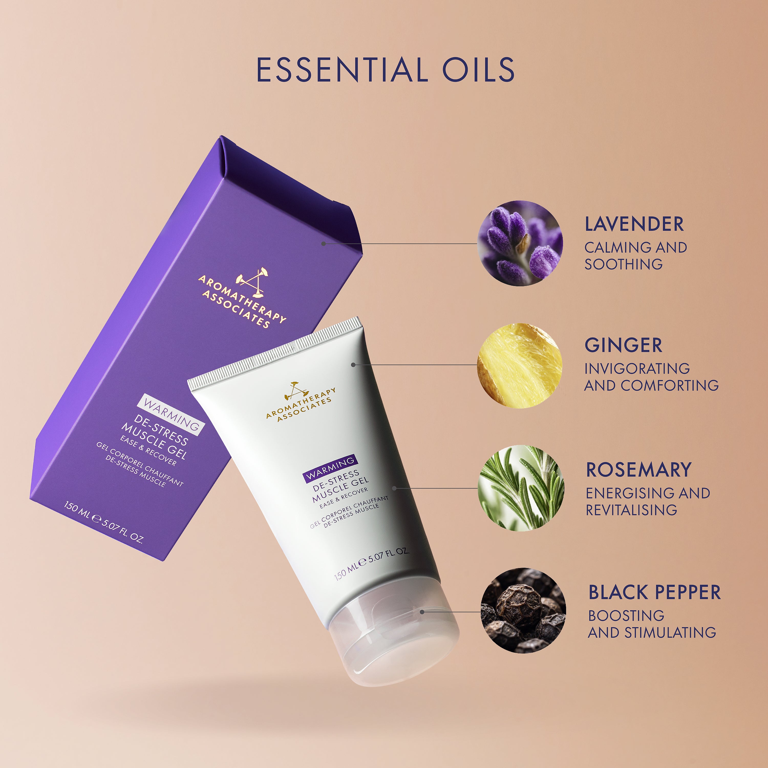 Aromatherapy Associates Warming De-Stress Muscle Gel with essential oils on a beige background