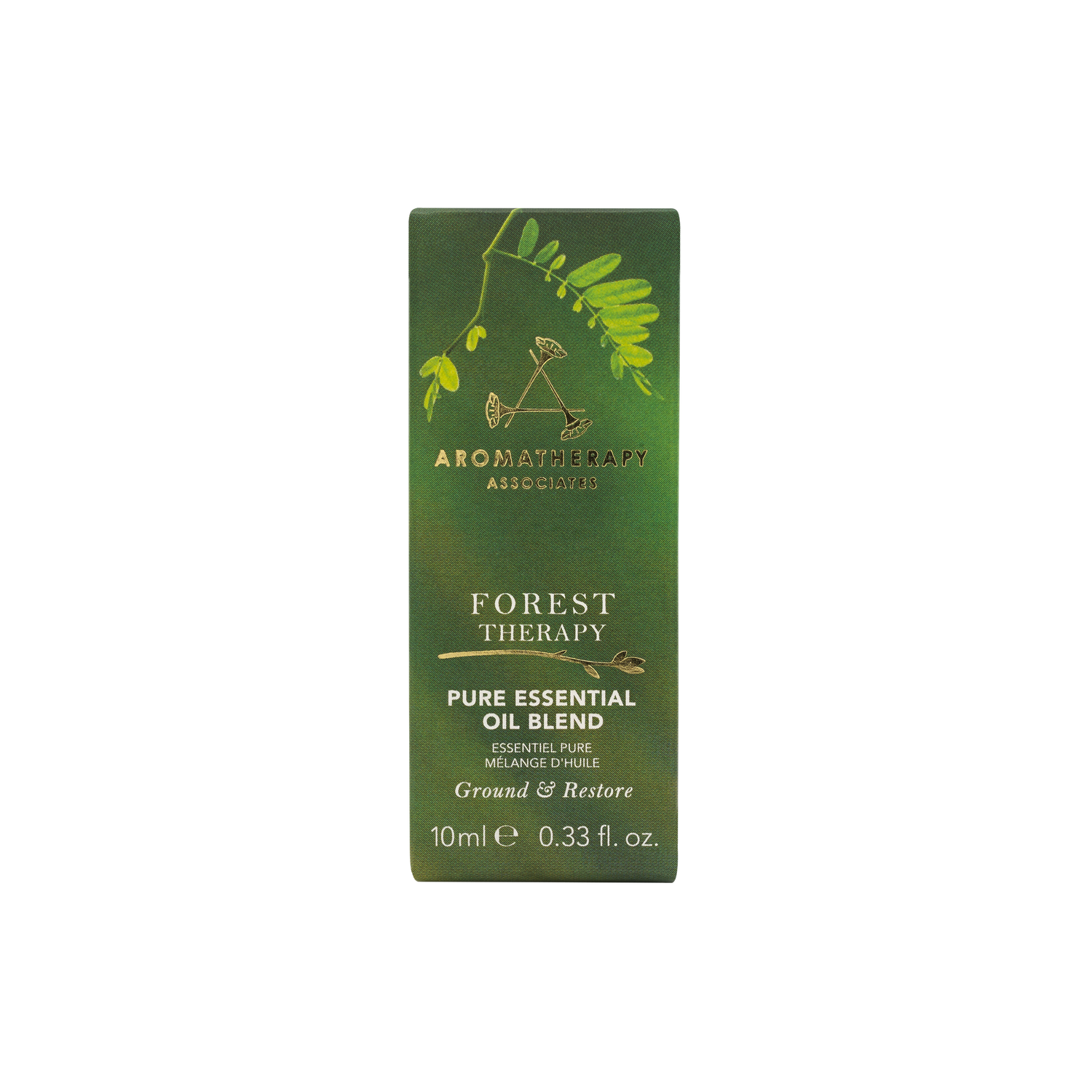 Green box of Forest Therapy pure essential oil blend on a white background