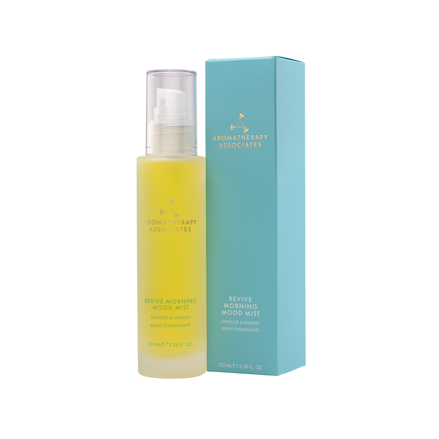 Yellow bottle of 'Revive Morning Mood Mist' with a matching blue box on a white background