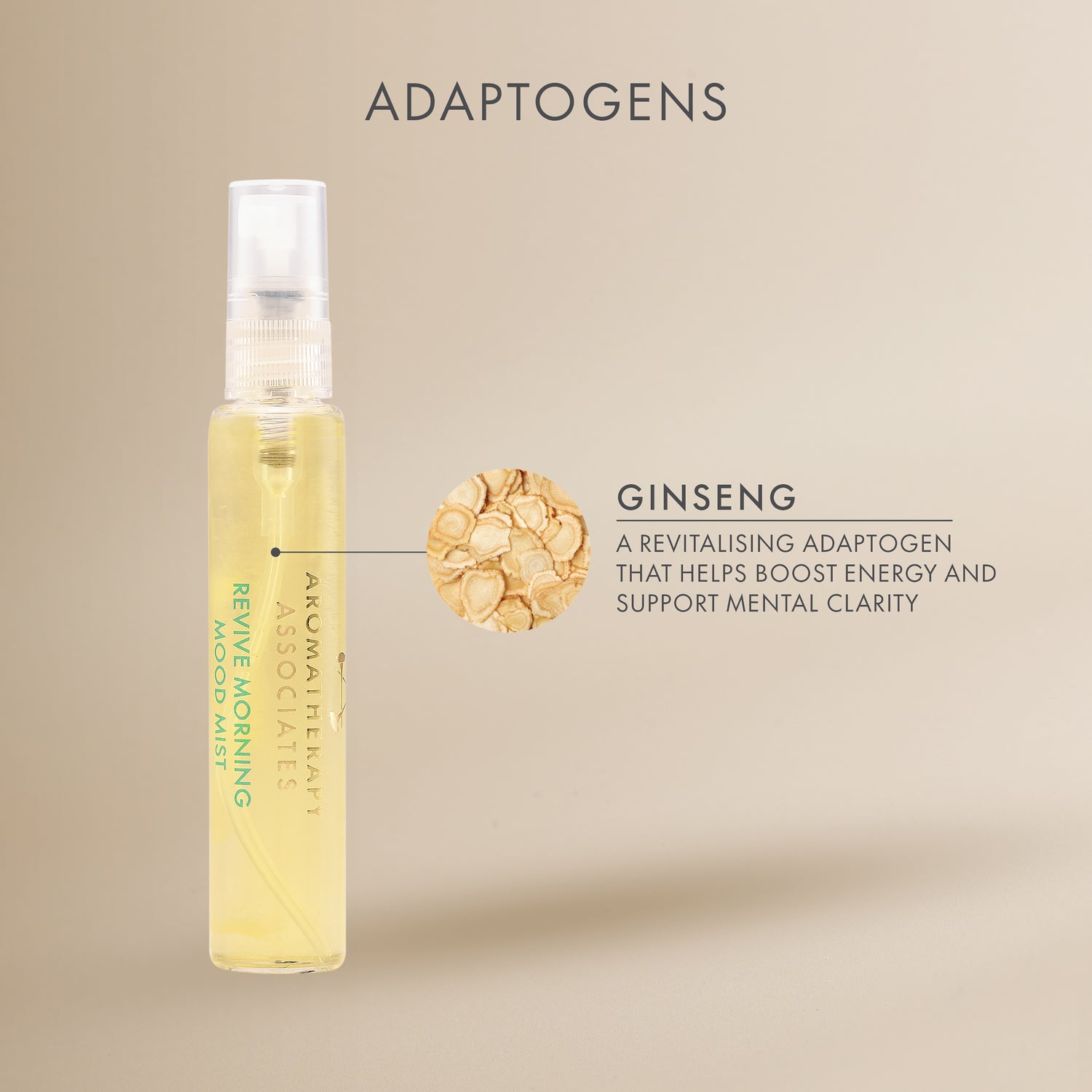 Bottle of skincare product with ginseng illustration and text on a beige background