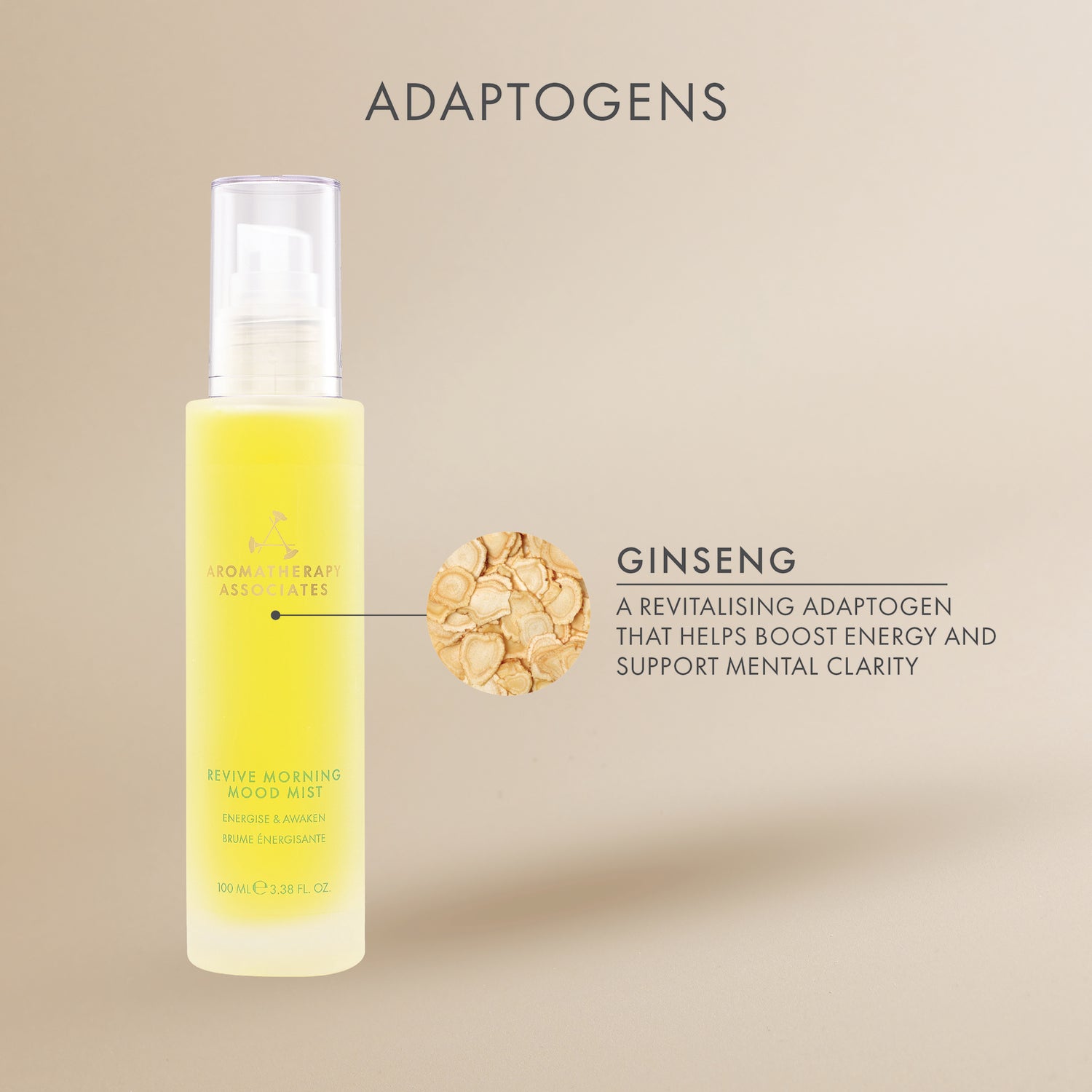 Bottle of Revive Aromatherapy Associates Revive Ginseng Mood Mist on a beige background with text about adaptogens and ginseng.