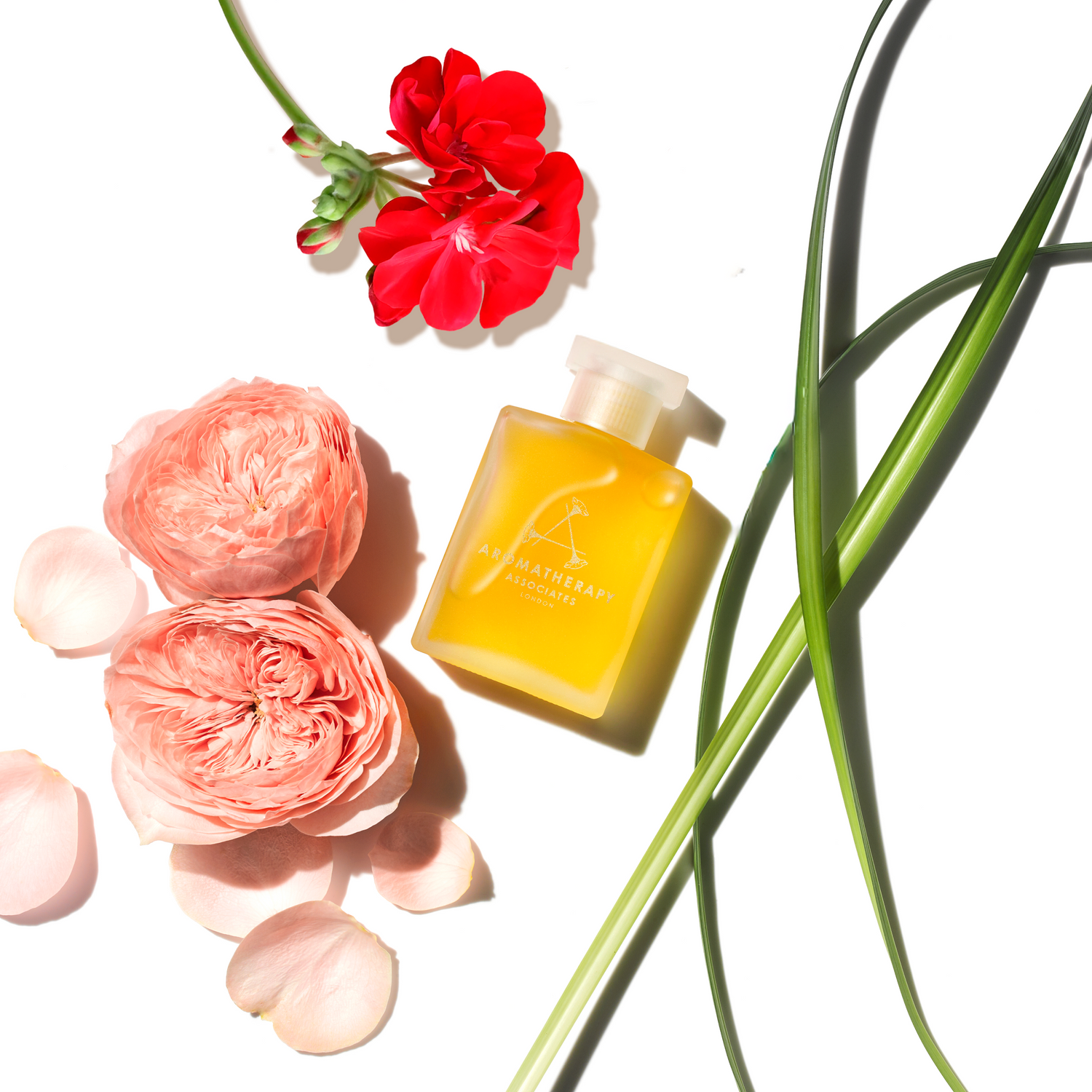 Yellow bottle of Aromatherapy Associates on a white background with pink flowers and green leaves. Rose Bath Shower Oil Ingredients