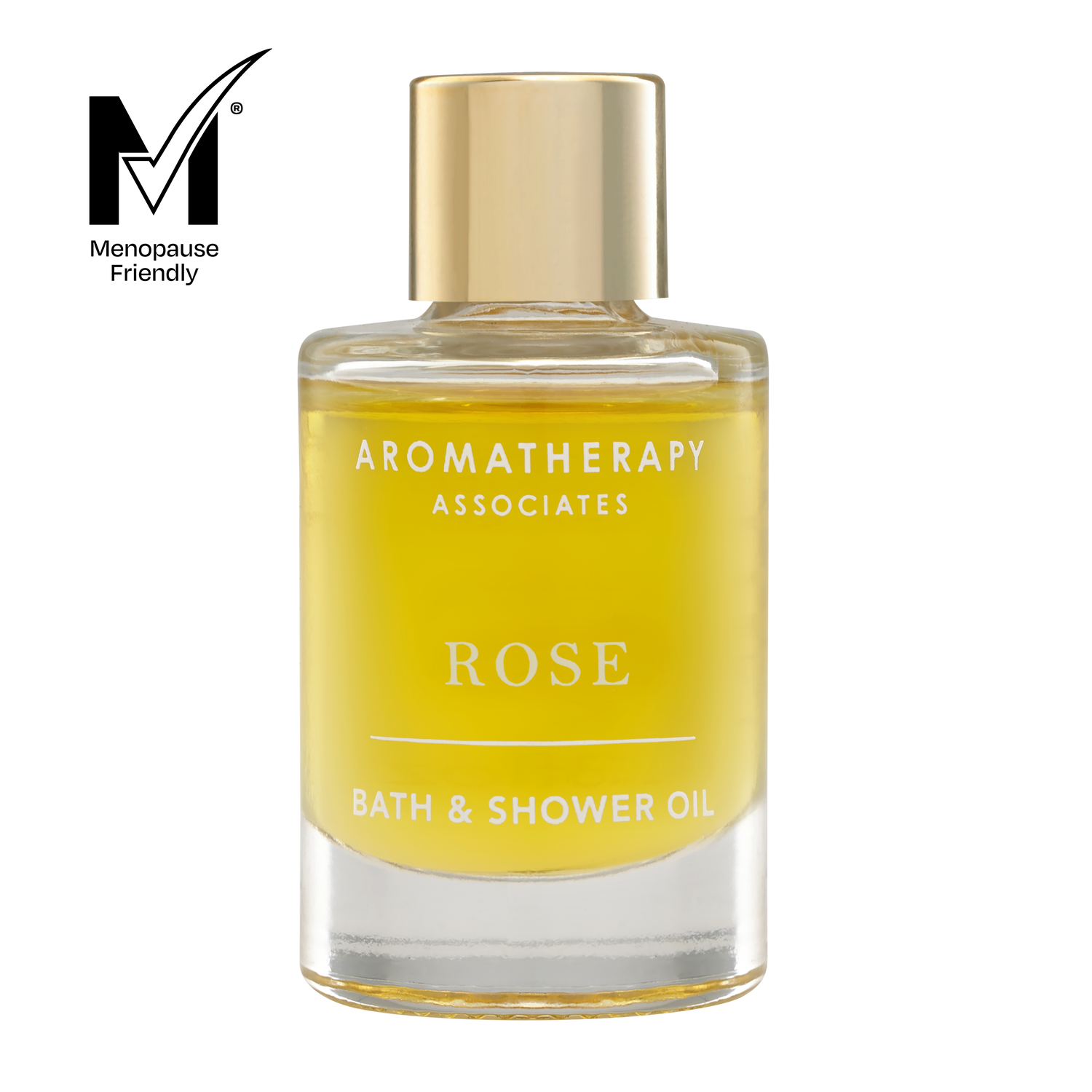 Bottle of Aromatherapy Associates Rose Bath & Shower Oil on a white background