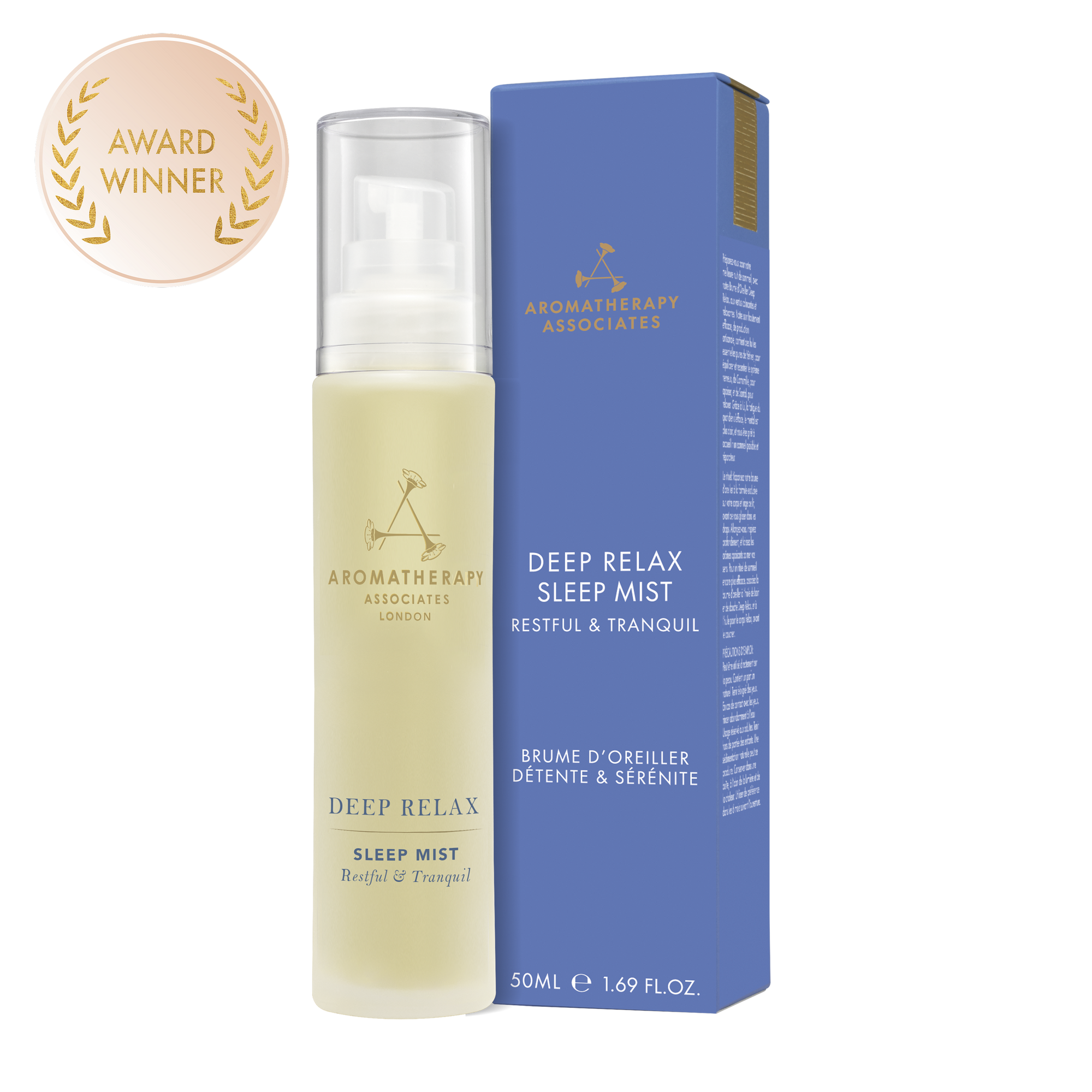 Deep Relax Sleep Mist bottle standing in front of navy box with award badge