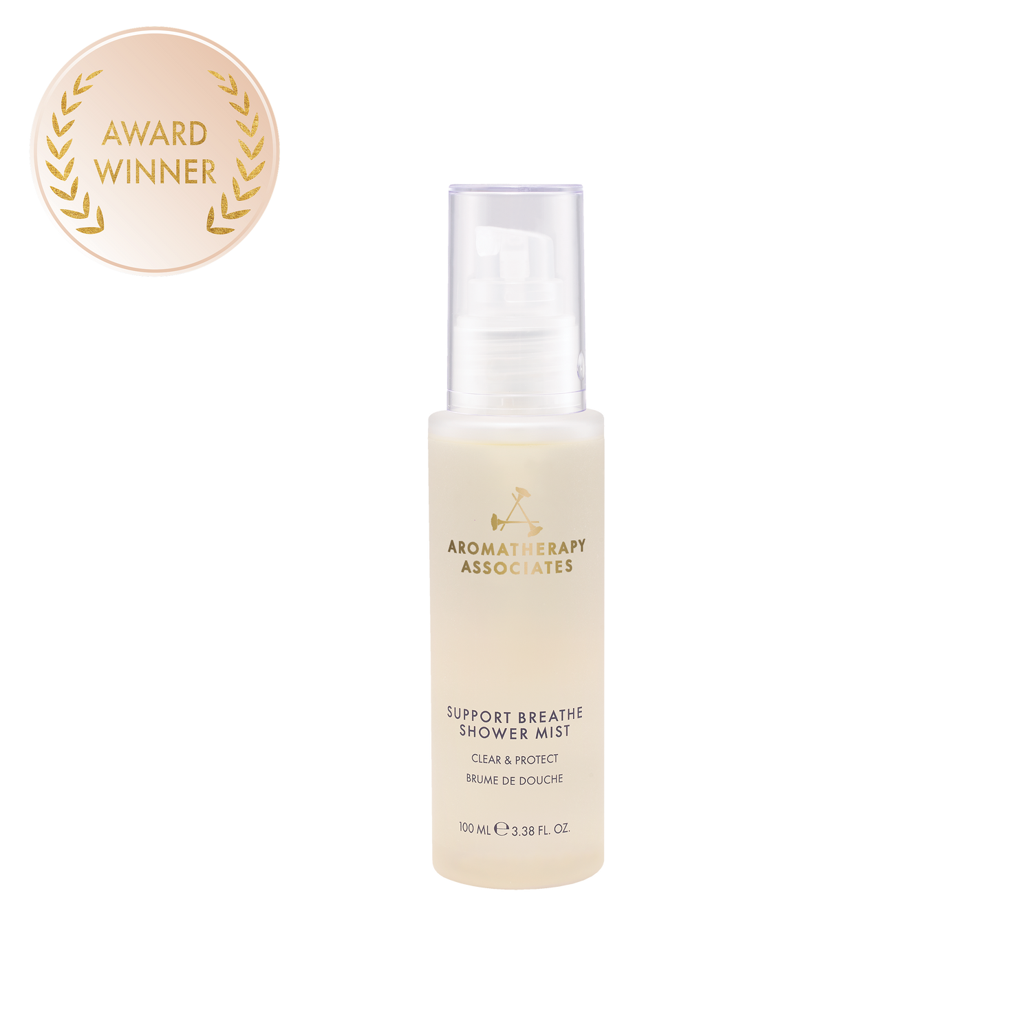 Bottle of Aromatherapy Associates shower mist with an award badge on a white background