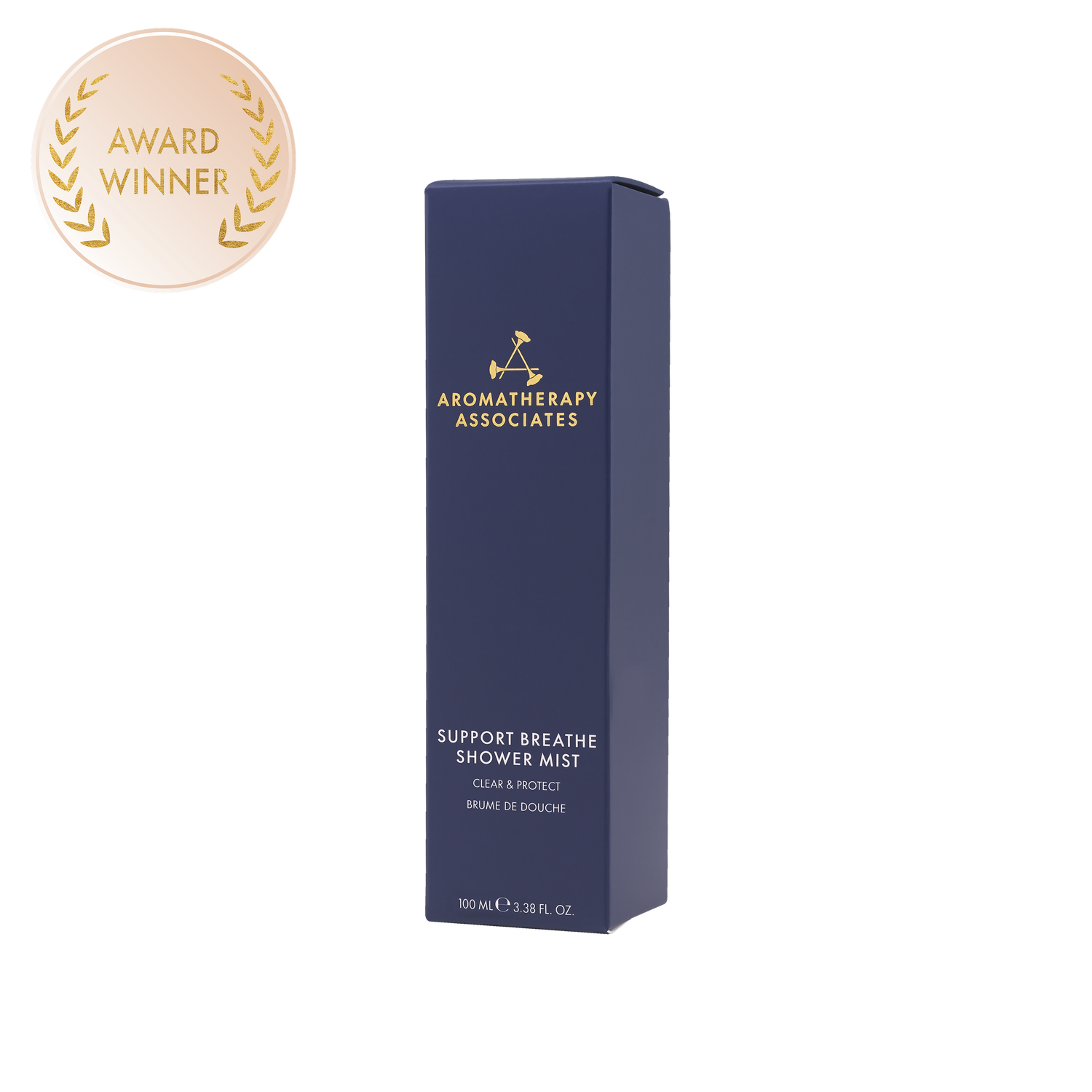 Aromatherapy Associates shower mist box with an award badge on a white background