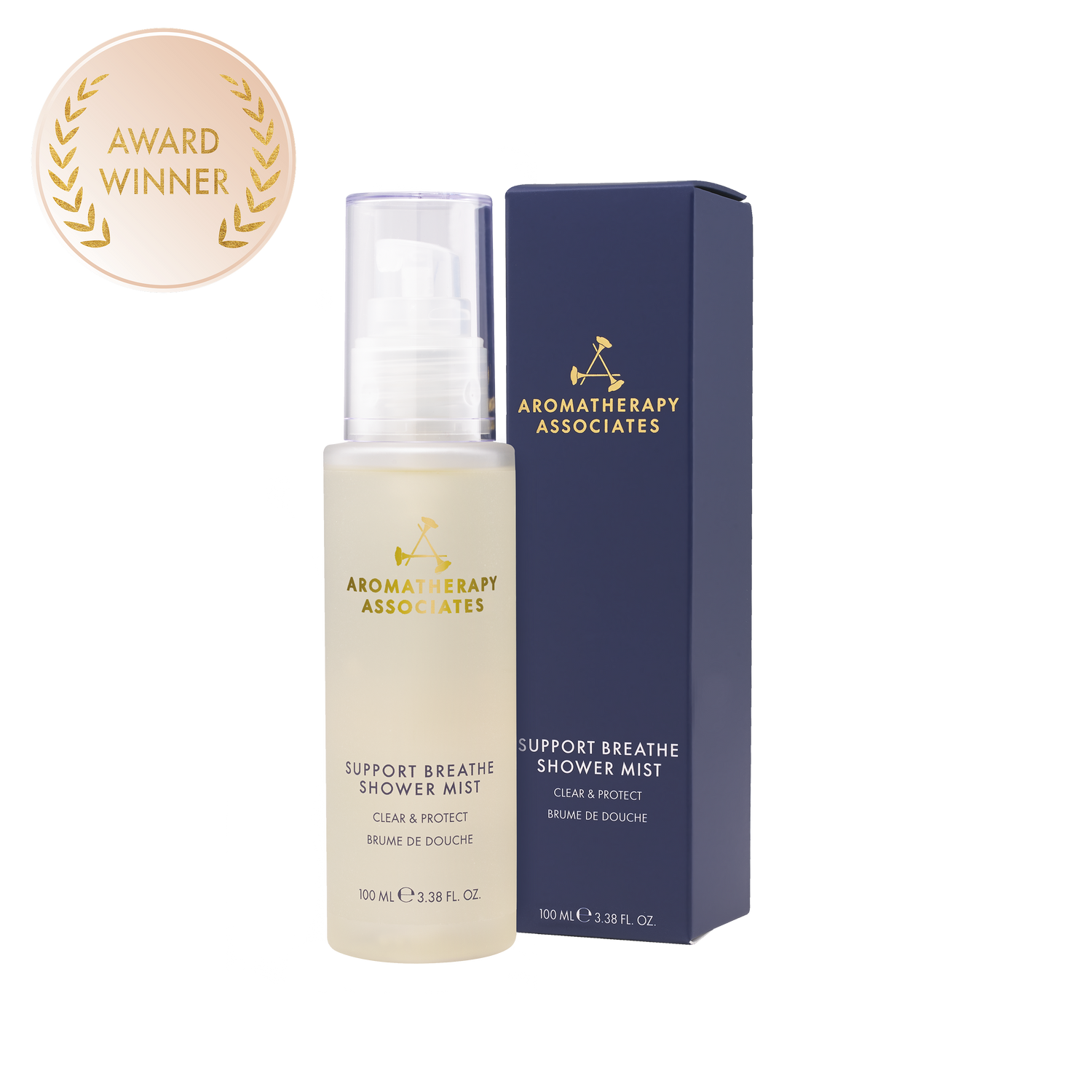Aromatherapy Associates shower mist bottle and packaging on a white background