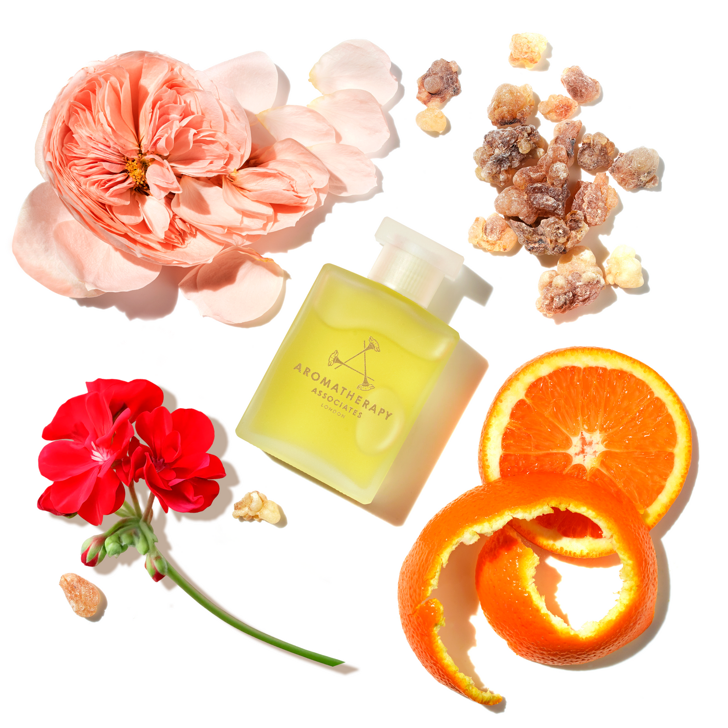 Aromatherapy product with flowers, orange peels, and herbs on a white background