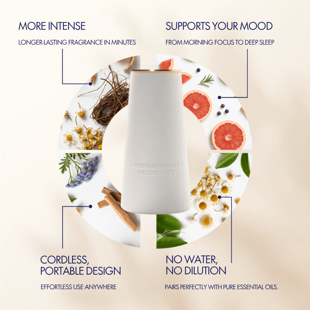 A white cylindrical diffuser bottle centered on a beige background, surrounded by a circular collage of essential oils and spices with marketing text: 'MORE INTENSE', 'SUPPORTS YOUR MOOD', 'CORDLESS, PORTABLE DESIGN', and 'NO WATER, NO DILUTION'.
