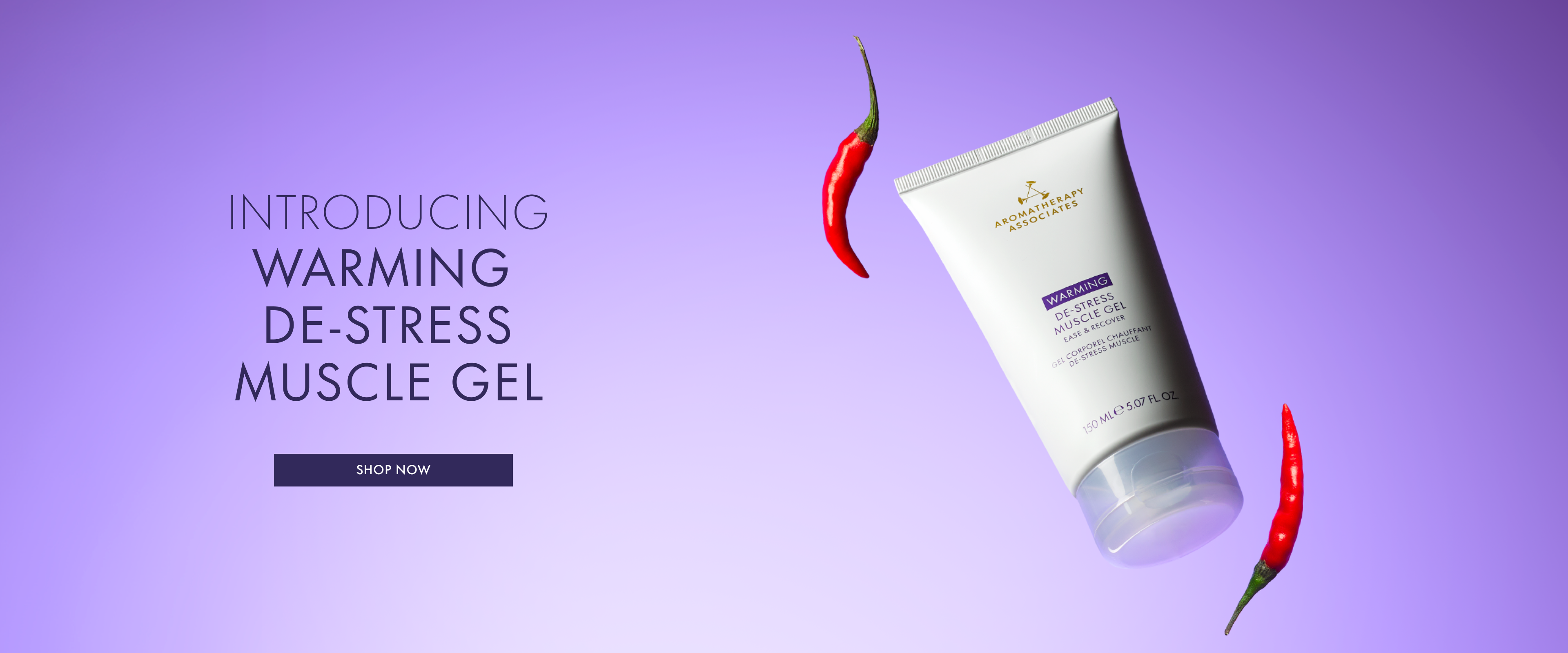 Warming De-Stress Muscle Gel tube on a purple background with chilis with promotional text.