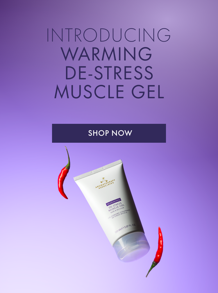 Warming De-Stress Muscle Gel tube on a purple background with chilis with promotional text.