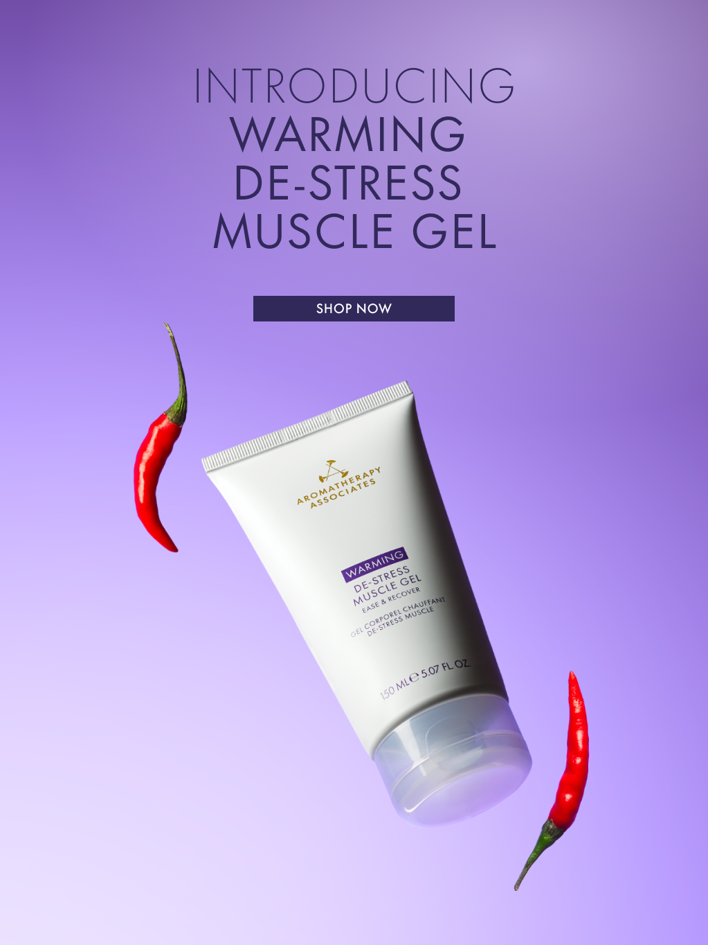 Warming De-Stress Muscle Gel tube on a purple background with chilis with promotional text.