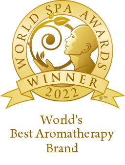 Gold emblem for World Spa Awards 2022 winner of World's Best Aromatherapy Brand on a white background