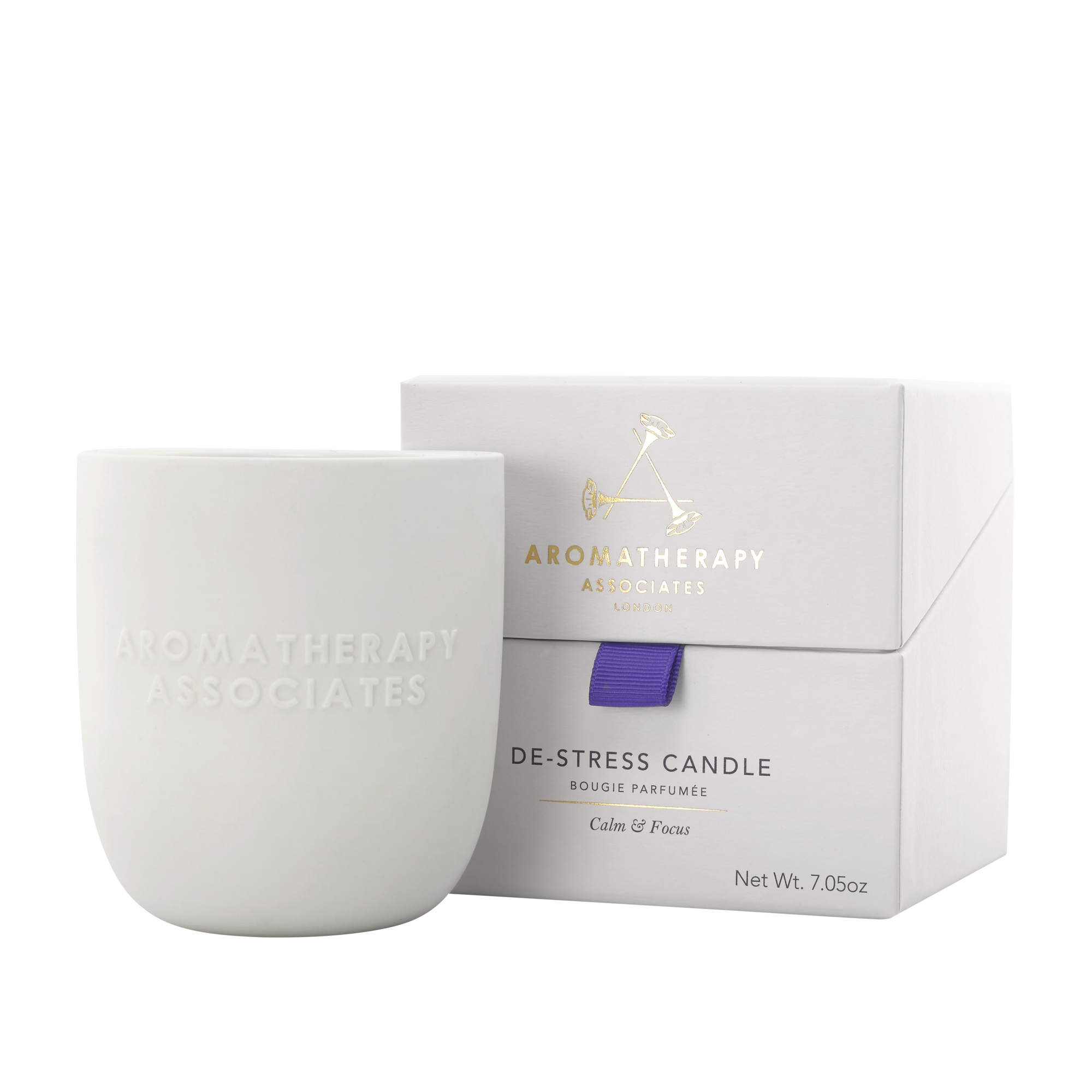 Aromatherapy Associates De-Stress Candle in glass jar with gold logo
